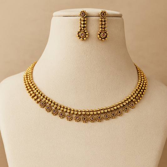 Traditional Gold-Plated Necklace Set with Turquoise Stones