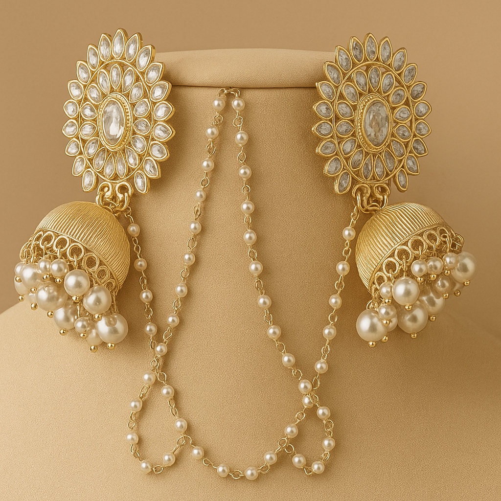Traditional Indian Jhumka Earrings, Pearl Chain Danglers,