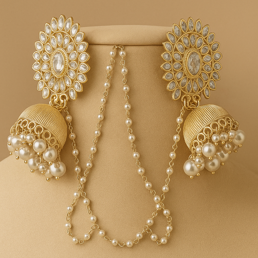 Traditional Indian Jhumka Earrings, Pearl Chain Danglers,
