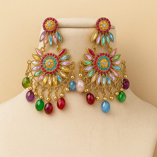 Multicolored Crystal Beads, Gold-Toned Floral Design