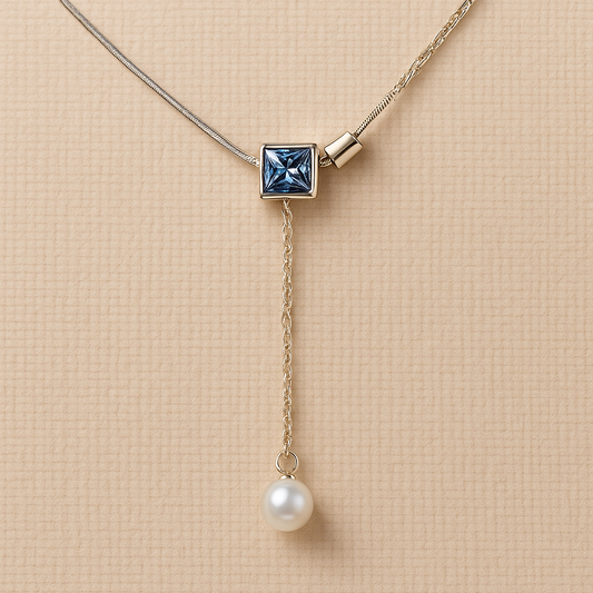 Sterling Silver Y-Chain with Blue Crystal Cube and Pearl Drop Pendant