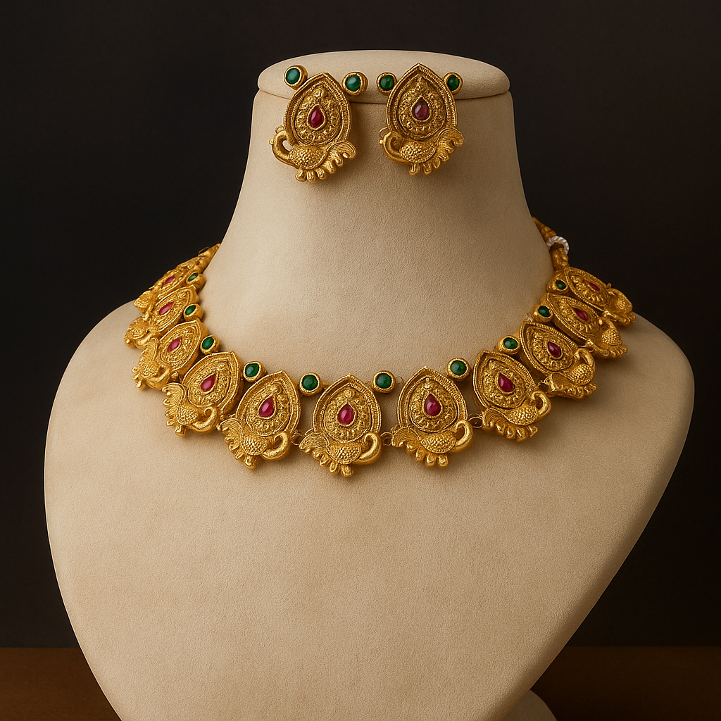 Antique Gold Necklace Set with Green and Purple Stones