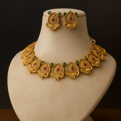 Antique Gold Necklace Set with Green and Purple Stones
