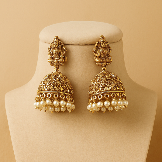Traditional Gold-Plated Jhumka Earrings with Pearl Beads, Antique Finish