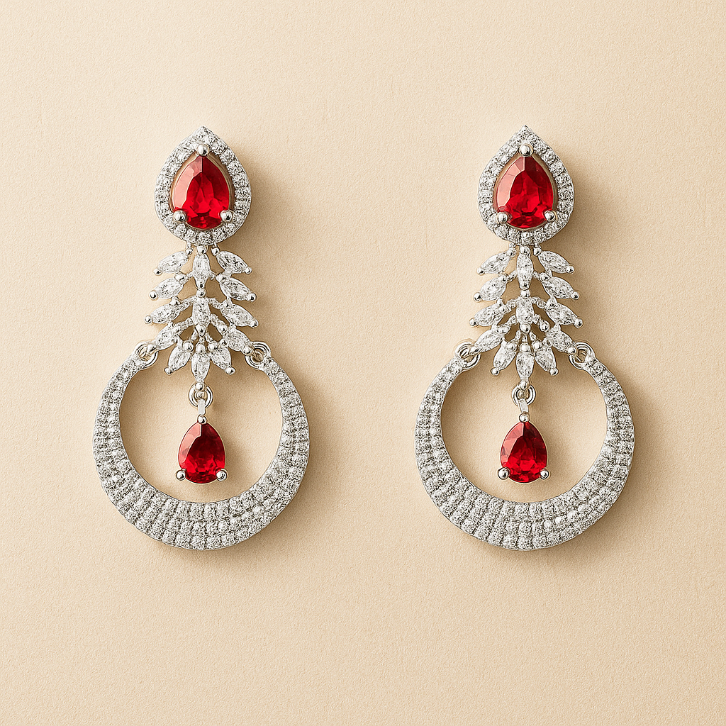 AD Silver & Ruby Crystal Crescent Earrings – Sparkle with Grace