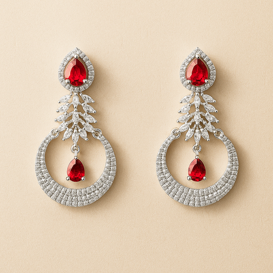 AD Silver & Ruby Crystal Crescent Earrings – Sparkle with Grace