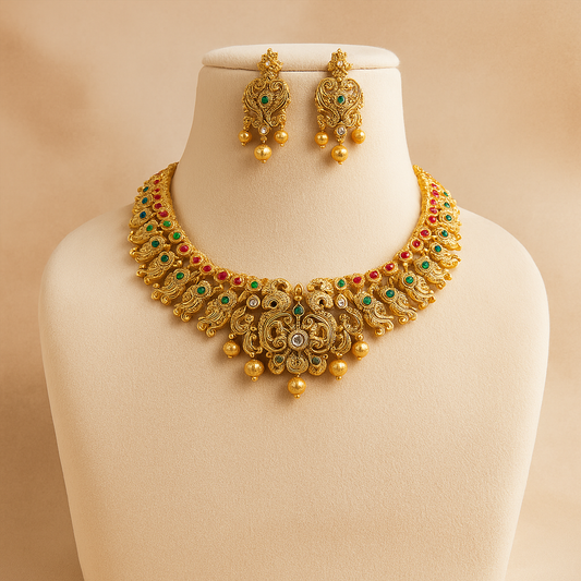 Traditional Gold-Plated Necklace Set with Multicolour Stones