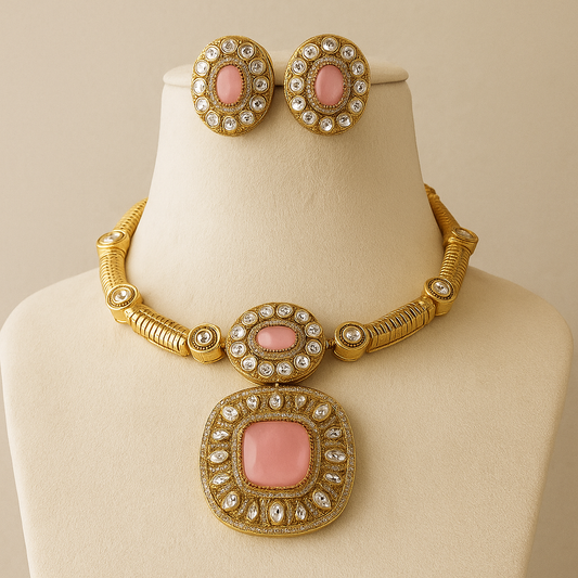 Luxurious Pink Stone & Gold Polki Jewellery Set – Earrings & Necklace