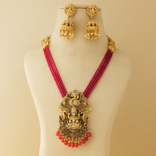 Temple Jewellery Necklace Set for Women | Antique Gold Lakshmi Pendant with Pink Beads