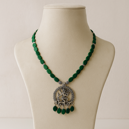 Flat Oval Glass Beads Necklace With Nataraja Pendent