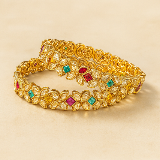 Floral Crystal Bangle Bracelet, Gold-Plated, Multicolour Gemstones