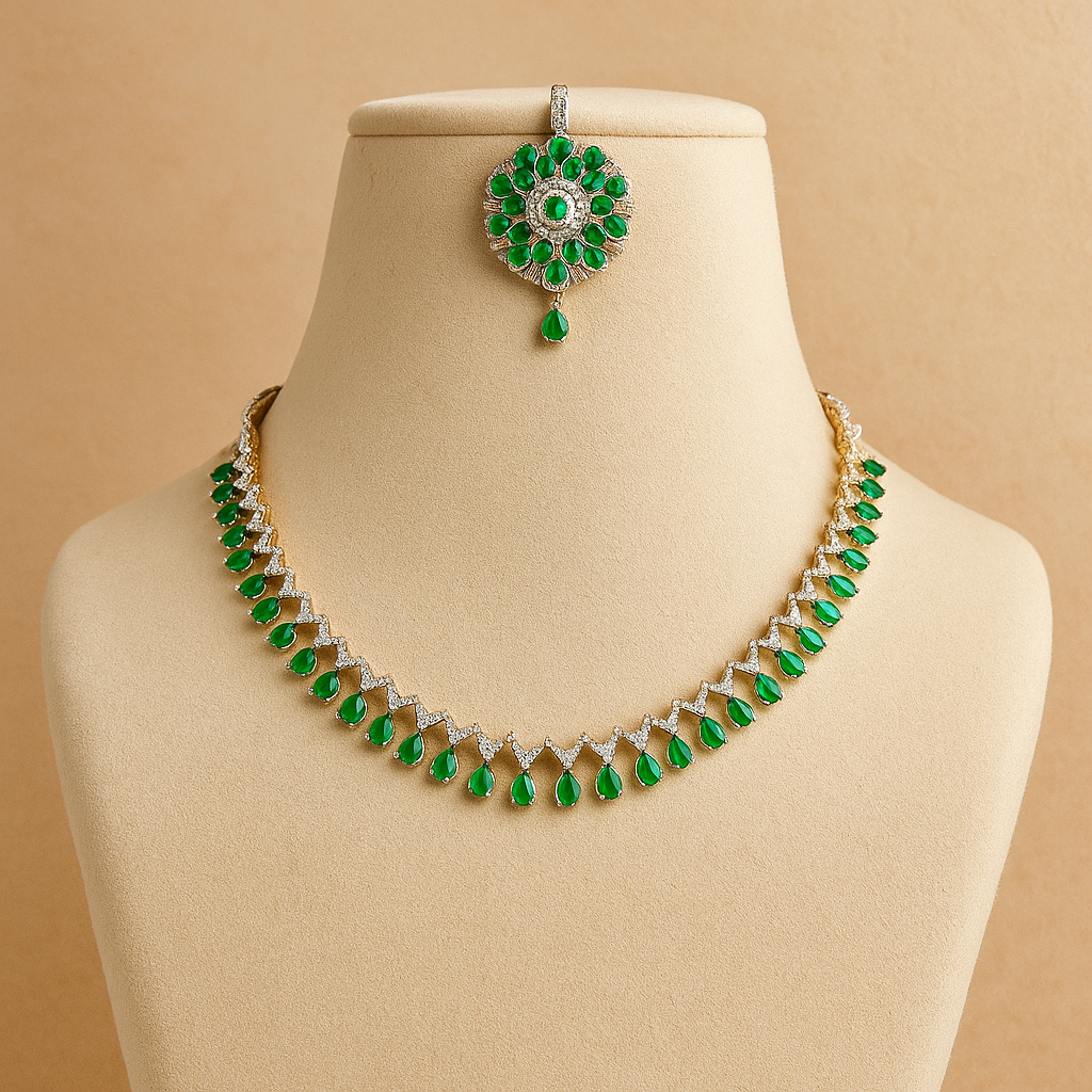Silver-Plated American Diamond-Studded & Beaded Brass Jewellery Set