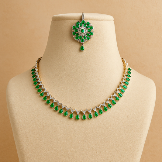 Silver-Plated American Diamond-Studded & Beaded Brass Jewellery Set