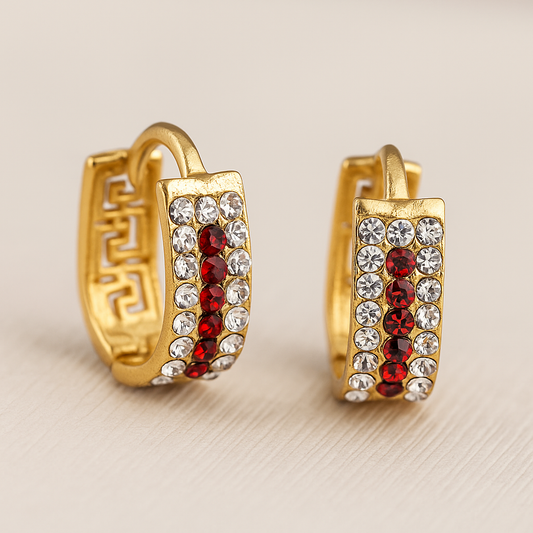 Gold-Plated Hoop Earrings with Red & White Crystal Embellishments