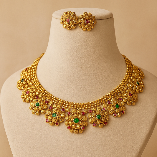 Antique Gold Floral Necklace Set with Ruby and Emerald Stones