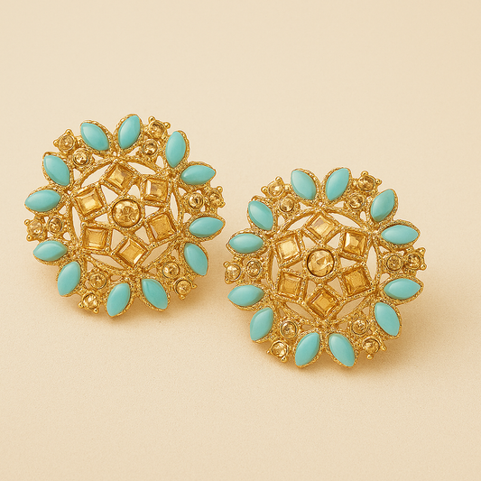 Gold and Blue Floral Stud Earrings