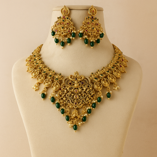 Antique Gold Necklace Set for Women | Temple Jewellery with Green Beads