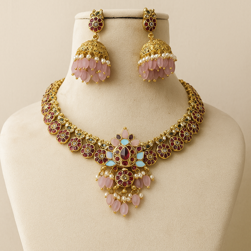 Designer Gold Plated Necklace Set for Women | Pink Beads & Kundan Bridal Jewellery