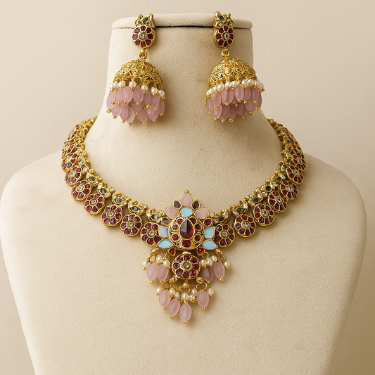 Designer Gold Plated Necklace Set for Women | Pink Beads & Kundan Bridal Jewellery