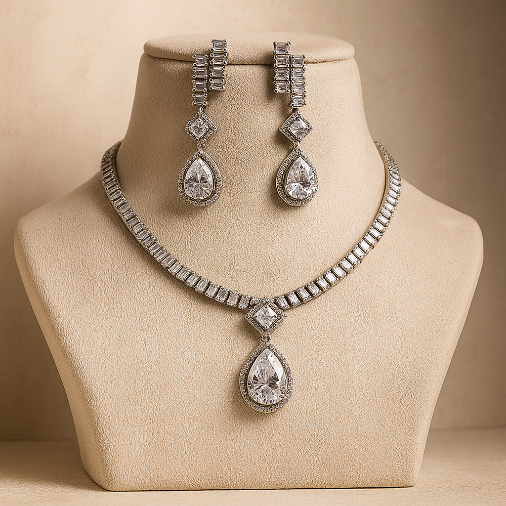 Crystal Teardrop Necklace and Earrings Set, Silver-Toned Jewellery with Cubic Zirconia