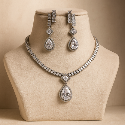 Crystal Teardrop Necklace and Earrings Set, Silver-Toned Jewellery with Cubic Zirconia