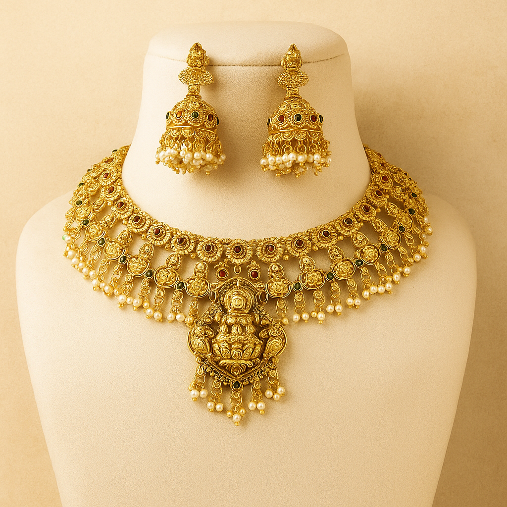 Traditional Gold-Plated Bridal Necklace Set with Pearl Beads