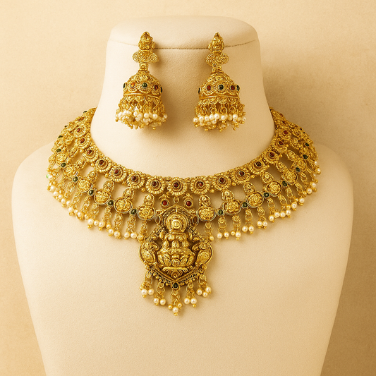 Traditional Gold-Plated Bridal Necklace Set with Pearl Beads