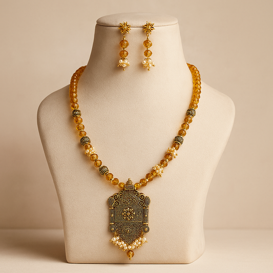 Antique Gold Plated Necklace Set with Floral Pendant
