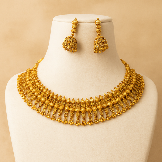 Traditional Gold-Plated Floral Necklace Set with Ruby Stone, Antique Design