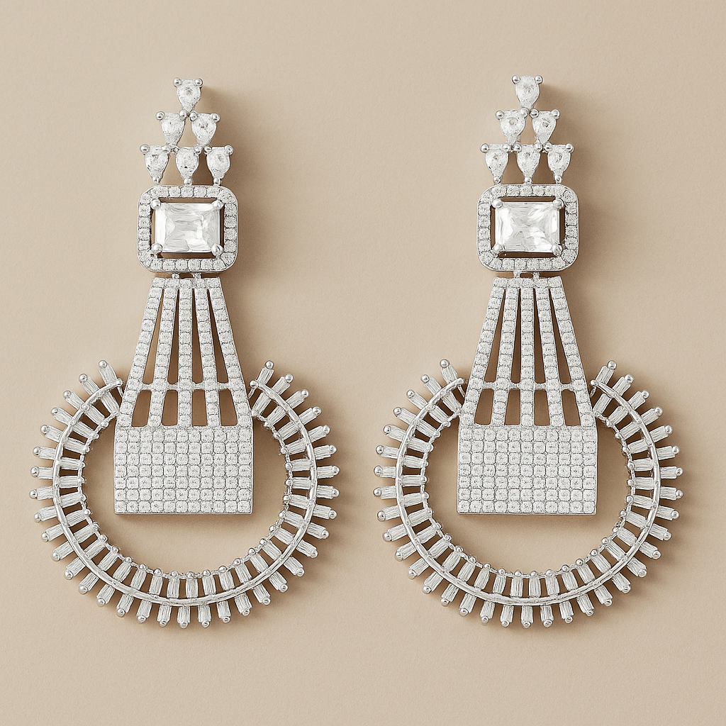 AD Silver & Crystal Statement Earrings – Elegant & Timeless