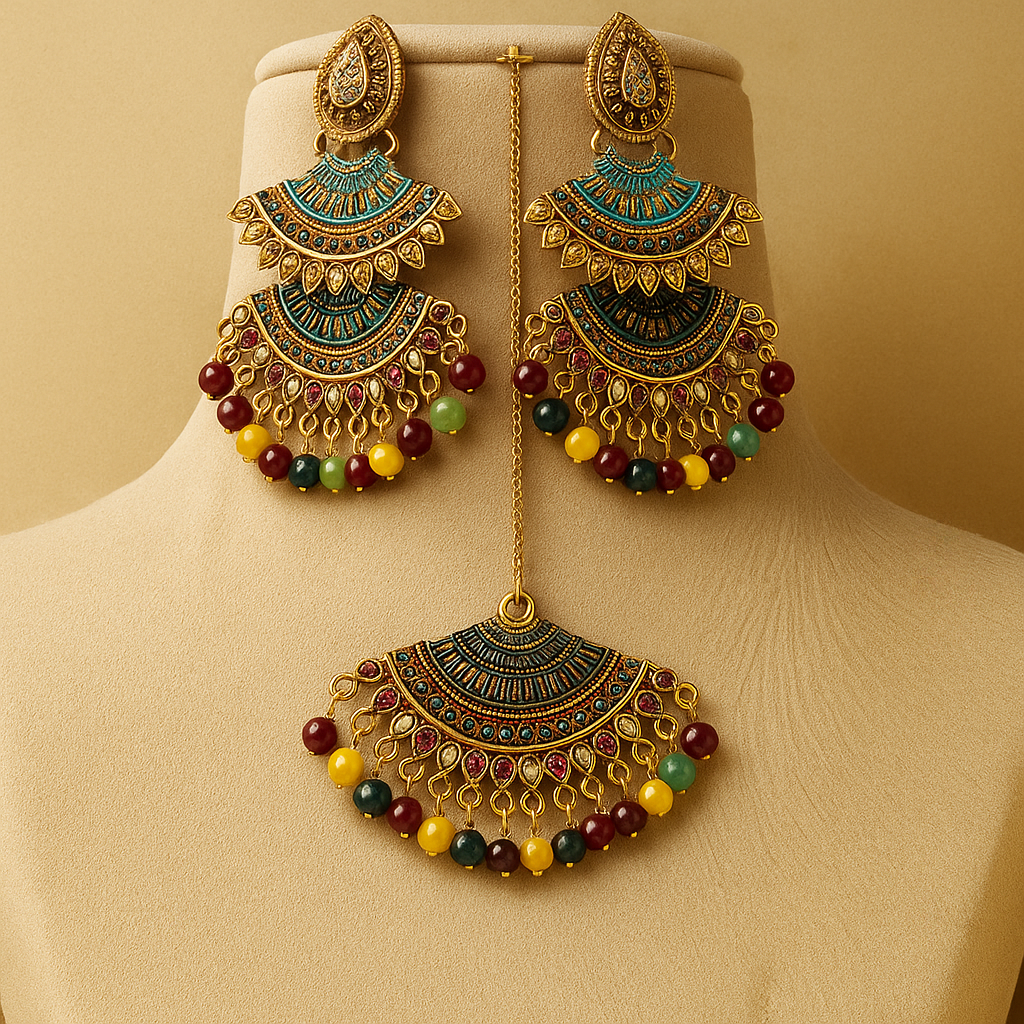 Traditional Indian Chandelier Earrings and Maang Tikka Set