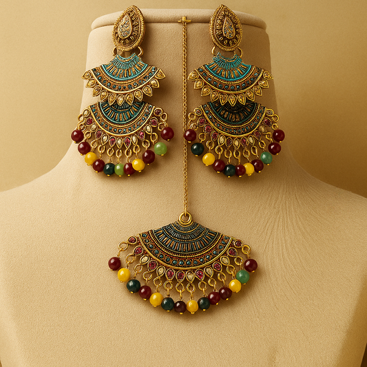 Traditional Indian Chandelier Earrings and Maang Tikka Set